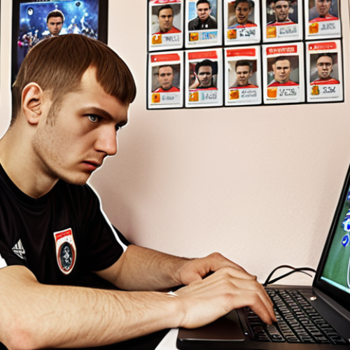 Home 6 **Image Prompt:** A determined FC Online player in their room, surrounded by motivational posters and strategy notes, analyzing game statistics on a laptop. The atmosphere is focused but hopeful. Include Cyrillic script on the posters and notes, referencing in-game terminology and popular Russian football figures.