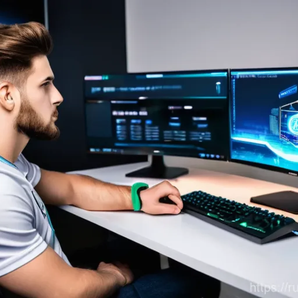 FC온라인 시즌 종료 보상 - **Prompt:** A focused male gamer, in his early twenties, sits comfortably at his desk, intently look...