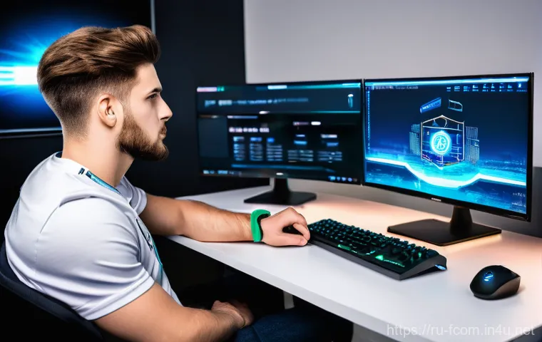 FC온라인 시즌 종료 보상 - **Prompt:** A focused male gamer, in his early twenties, sits comfortably at his desk, intently look...