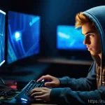 FC온라인 접속 오류 해결법 - **Prompt:** A young adult gamer (18-25 years old, male or female) sits in a dimly lit gaming room, l...