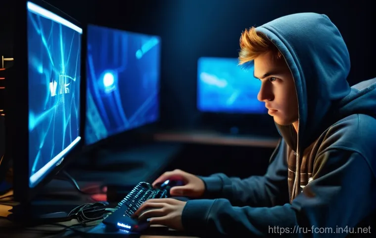 FC온라인 접속 오류 해결법 - **Prompt:** A young adult gamer (18-25 years old, male or female) sits in a dimly lit gaming room, l...