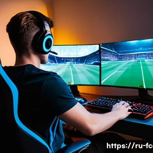 Home 29 FC온라인 랭크 매치 입문 - **Prompt:** A young adult, male, around 25 years old, intensely focused on a large gaming monitor di...