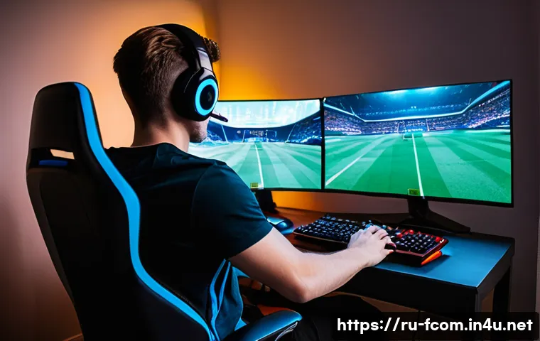 FC온라인 랭크 매치 입문 - **Prompt:** A young adult, male, around 25 years old, intensely focused on a large gaming monitor di...